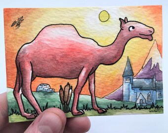 2.5 " x 3.5" caprichoso ACEO acuarela arte camel regalo - pequeño regalo - original ACEO acuarela