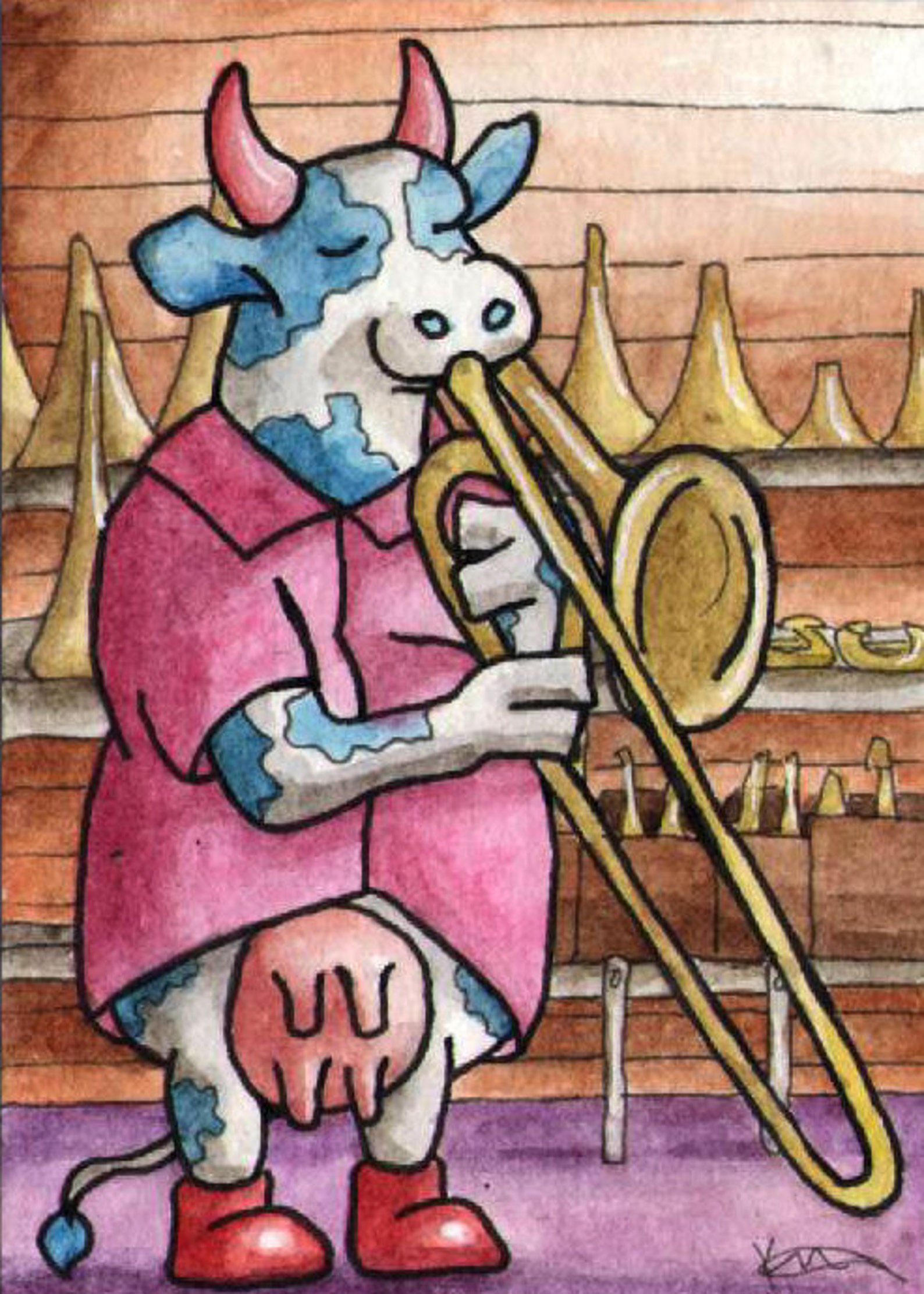 Jazz Cow Playing Trombone ACEO 2.5 X 3.5 Etsy