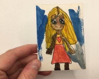 2.5" x 3.5" ACEO (by my 7 year old daughter) - Watercolor Painting - A Girl Painting - Original ACEO by Georgie Atkin - Original Art CEO