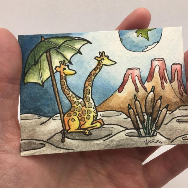 Two Headed Alien Giraffe ACEO - 2,5" x 3,5" - Original ART ACEO Aquarell - Katie Hone