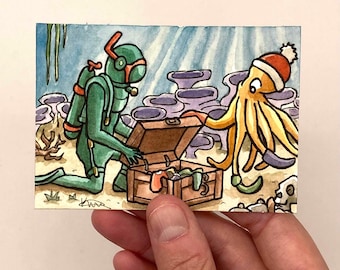 Octopus and Diver Whimsical Watercolor ACEO - 2.5" x 3.5" - Original ART ACEO Watercolor - Katie Atkin