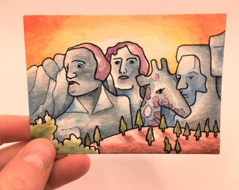 2.5" x 3.5" Whimsical ACEO Watercolor Art Giraffe ACEO - Small gift - Collectable Art - Mount Rushmore - Original ACEO Watercolor