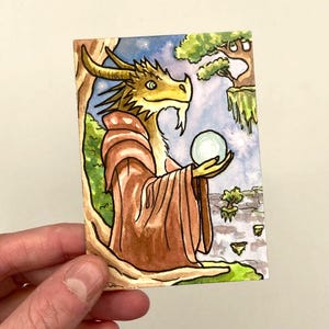 Wise Dragon - Art Nouveau - 2.5&quot; x 3.5&quot; - Original ART ACEO Watercolor - Katie Atkin