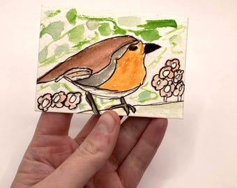 Original Painted ACEO - Art by 8 year old - 2.5 x 3.5 inches - Hand Painted Art by Peter Atkin - Robin