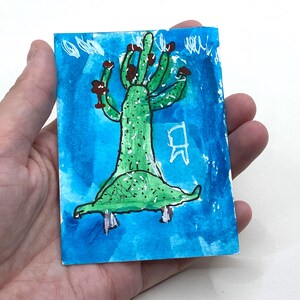 Tortue ACEO - oeuvre d'un fils de 6 ans - 2,5 x 3,5 pouces - oeuvre d'art peinte à la main par Peter Atkin - plante tortue - objet de collection - cactus ACEO