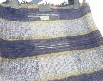 Geweven katoenen draagtas – indigo, crème, gele strepen, boho-schoudertas