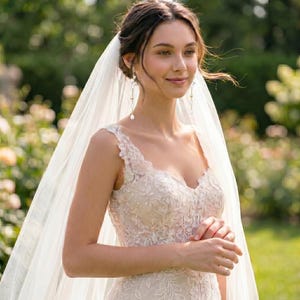 Puede incluir: Una novia con un vestido de novia de encaje blanco con escote coraz&oacute;n y delicado bordado floral. Lleva un velo largo y transparente y pendientes colgantes de perlas. El fondo es un enfoque suave de vegetaci&oacute;n.