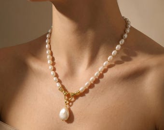 Double Layer Rice Pearl Necklace Detachable Baroque Pearl Pendant