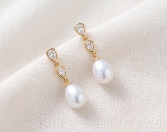 Pendientes colgantes de perlas de agua dulce delicadas, pendientes minimalistas de plata de ley 925, joyería elegante para el día a día, regalo para ella.