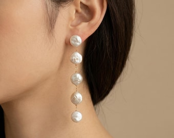 Pendientes colgantes de perlas barrocas, pendientes largos de perlas de agua dulce, pendientes llamativos de plata de ley 925, elegante regalo de joyería nupcial