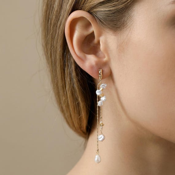 Dainty Baroque Pearl Drop Earrings, 18K Gold Plated Bridal Earrings