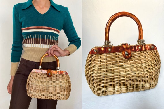 60’s lucite handles rattan handbag