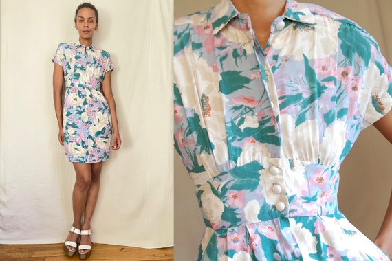 80’s pastel floral print buttoned pencil dress