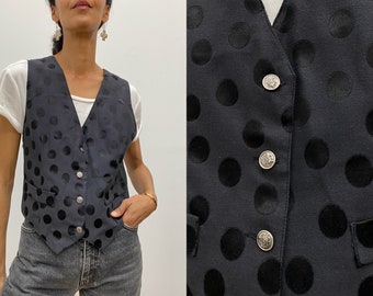 90’s polka dots tonal black buttoned vest Large
