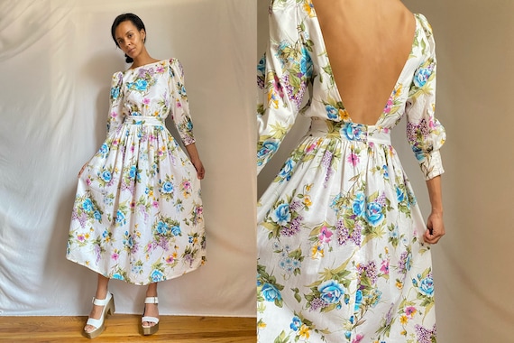 80’s open back cotton floral print puff shoulders