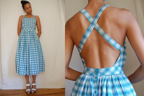 70’s blue cotton plaid open back suspender prairie