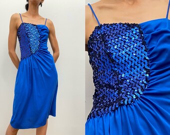 70’s blue sequined strappy disco dress Small