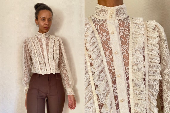 70’s pearl buttoned high neck ruffled puff sleeve
