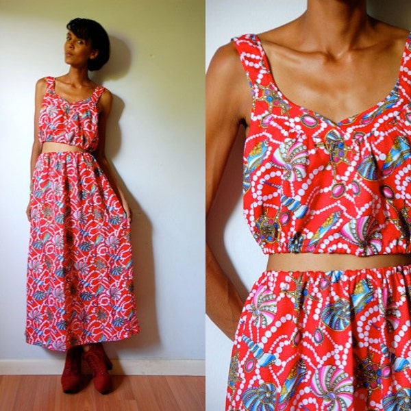 Vtg Pearls & Shells Printed Red Cropped Tank and Maxi Skirt