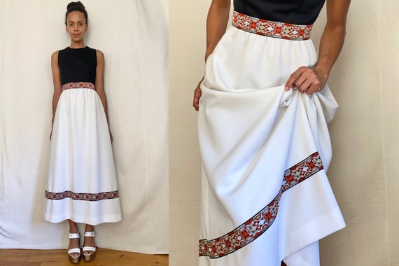 70’s retro trim empire waist white black red sleev