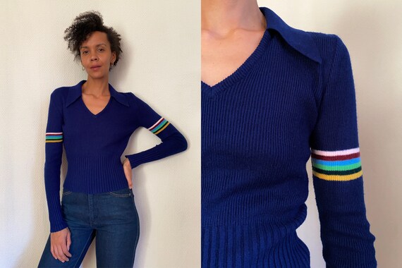 70’s retro striped navy collared light knit sweate