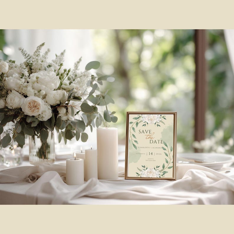 Pode incluir: Um cart&atilde;o retangular "Save the Date" com desenhos florais e de folhas &eacute; exibido em uma mesa. O cart&atilde;o diz "Save the Date" e a data "14 | 2026". Um buqu&ecirc; de flores brancas e velas tamb&eacute;m est&atilde;o na mesa.