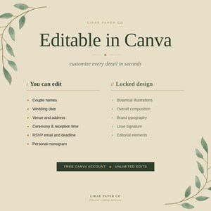 Pode incluir: Modelo de papelaria de casamento digital bege com o texto "Editable in Canva". O design inclui uma lista de elementos edit&aacute;veis, como nomes de casais e datas de casamento, e elementos de design bloqueados. Ilustra&ccedil;&otilde;es bot&acirc;nicas verdes emolduram o texto.