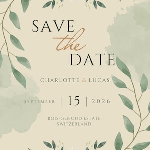 Pode incluir: Um convite de casamento com o texto "SAVE the DATE". O convite inclui os nomes "CHARLOTTE & LUCAS", a data "SEPTEMBER 15 2026" e o local "BOIS-GENOUD ESTATE SWITZERLAND". O design apresenta detalhes florais e de folhas.