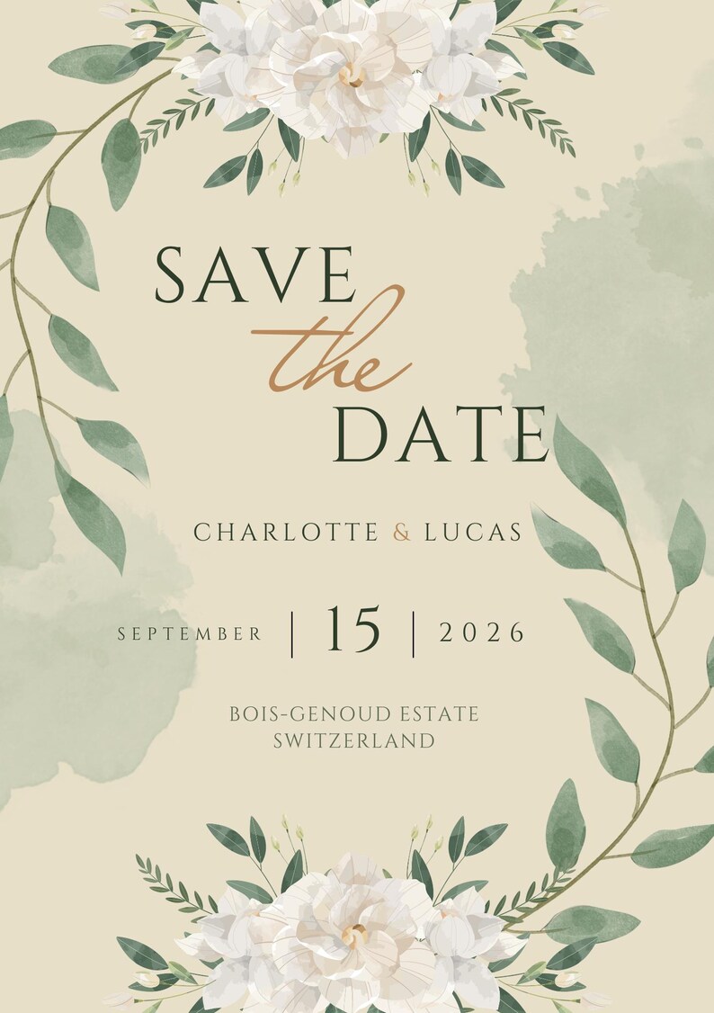 Pode incluir: Um convite de casamento com o texto "SAVE the DATE". O convite inclui os nomes "CHARLOTTE & LUCAS", a data "SEPTEMBER 15 2026" e o local "BOIS-GENOUD ESTATE SWITZERLAND". O design apresenta detalhes florais e de folhas.