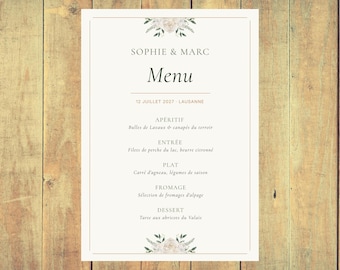 Modelo de Menu de Casamento Botânico (Editável no Canva) | Modelo de Menu de Casamento Botânico Bilíngue em Francês | 4 Formatos: A5, A4, Carta | Desenvolvido na Suíça