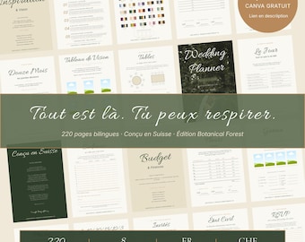 French Wedding Planner | 220 Pages Botanical | Canva Editable Template | Swiss Civil Ceremony, Vin d'Honneur | Printable PDF