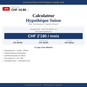 Calculateur Hypothèque Suisse 2026 | Taux Amortissement Capacité | Google Sheets