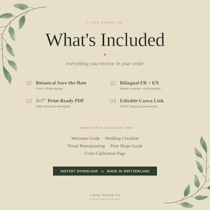 Pode incluir: Um design de papelaria de casamento bege e verde com o texto "O que est&aacute; inclu&iacute;do". O design inclui um save-the-date bot&acirc;nico, op&ccedil;&otilde;es bil&iacute;ngues, um PDF pronto para impress&atilde;o e um link Canva edit&aacute;vel. O pacote de b&ocirc;nus inclui um guia de boas-vindas e uma lista de verifica&ccedil;&atilde;o.
