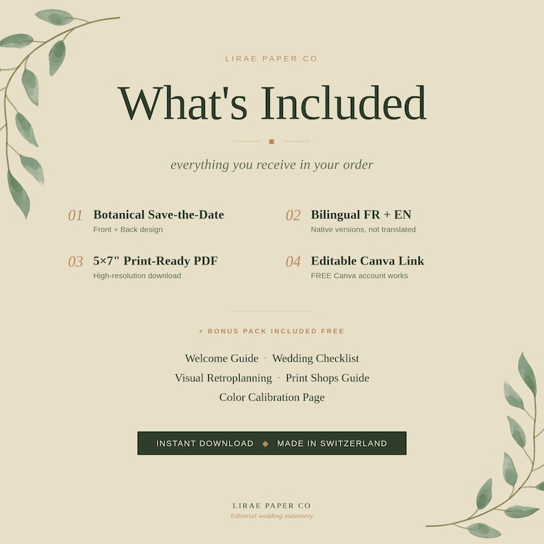 Pode incluir: Um design de papelaria de casamento bege e verde com o texto "O que est&aacute; inclu&iacute;do". O design inclui um save-the-date bot&acirc;nico, op&ccedil;&otilde;es bil&iacute;ngues, um PDF pronto para impress&atilde;o e um link Canva edit&aacute;vel. O pacote de b&ocirc;nus inclui um guia de boas-vindas e uma lista de verifica&ccedil;&atilde;o.