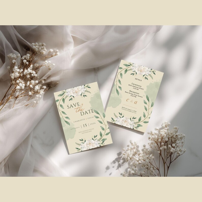 Pode incluir: Dois cart&otilde;es de convite de casamento com desenhos florais e de folhas. Os cart&otilde;es t&ecirc;m o texto "Save the Date" e detalhes do evento. Os cart&otilde;es s&atilde;o bege claro com detalhes verdes e brancos. Os cart&otilde;es s&atilde;o rodeados por flores brancas e um tecido branco.