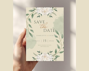 Botanical Save the Date Template | Editable Canva Wedding Invitation | Bilingual French English | Printable PDF Save Date