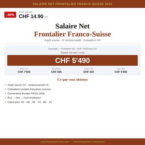 May include: A financial document with the title "Salaire Net Frontalier Franco-Suisse 2026" in brown and white. It includes details on net salary, gross salary, and deductions, with a highlighted net salary of CHF 5,490.