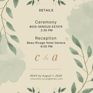 Pode incluir: Convite de casamento com detalhes florais e folhagens. O convite inclui detalhes da cerim&oacute;nia em BOIS-GENOUD ESTATE &agrave;s 14h30 e da rece&ccedil;&atilde;o no Hotel Beau-Rivage Genebra &agrave;s 18h00. RSVP at&eacute; 1 de agosto de 2026.