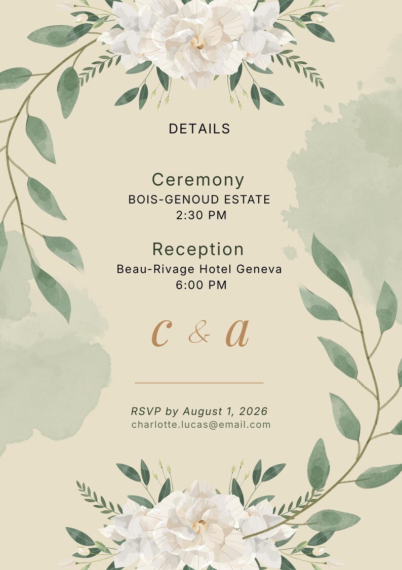 Pode incluir: Convite de casamento com detalhes florais e folhagens. O convite inclui detalhes da cerim&oacute;nia em BOIS-GENOUD ESTATE &agrave;s 14h30 e da rece&ccedil;&atilde;o no Hotel Beau-Rivage Genebra &agrave;s 18h00. RSVP at&eacute; 1 de agosto de 2026.