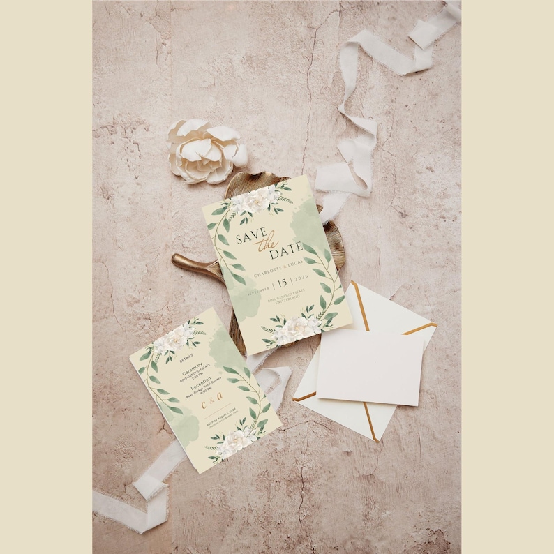 Pode incluir: Conjunto de papelaria de casamento com cart&otilde;es "Save the Date" com detalhes florais e de folhas. Os cart&otilde;es t&ecirc;m uma lavagem em aquarela verde claro e detalhes florais brancos. Inclui envelopes brancos com acabamento dourado, uma flor decorativa e uma fita.