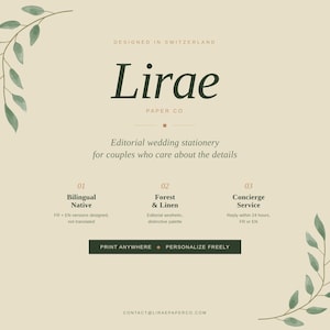 Pode incluir: Design de papelaria de casamento creme com o texto "Lirae Paper Co." e o slogan "Papelaria de casamento editorial para casais que se preocupam com os detalhes." Inclui texto sobre op&ccedil;&otilde;es bil&iacute;ngues, floresta e linho e servi&ccedil;o de concierge.