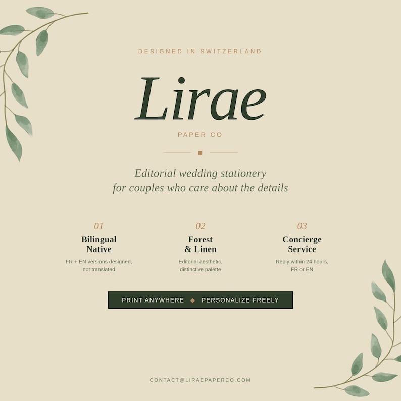 Pode incluir: Design de papelaria de casamento creme com o texto "Lirae Paper Co." e o slogan "Papelaria de casamento editorial para casais que se preocupam com os detalhes." Inclui texto sobre op&ccedil;&otilde;es bil&iacute;ngues, floresta e linho e servi&ccedil;o de concierge.