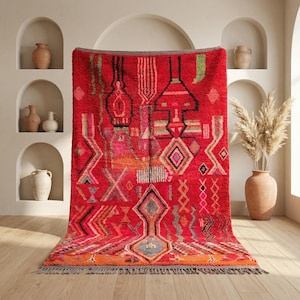 Vibrant Red Boujaad Rug - Authentic Handmade Moroccan Carpet - Unique Tribal Geometric Pattern - Large Gray and Teal Diamond Motifs