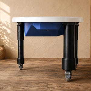 May include: A sensory table featuring a white circular top and a deep blue basin. The table is supported by four adjustable black cylindrical legs, each equipped with a small caster wheel at the base for mobility and height customization.