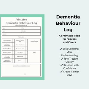 Dementia Behaviour Log | Track Triggers, Reduce Challenging Behaviour (Printable PDF)