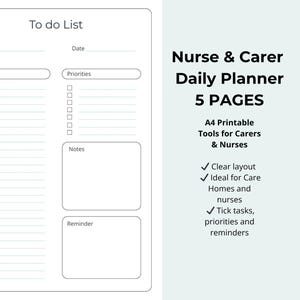 Puede incluir: Planificador diario A4 imprimible para enfermeras y cuidadores. Incluye secciones para listas de tareas, prioridades, notas y recordatorios. El texto dice "Nurse & Carer Daily Planner 5 PAGES".