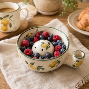 May include: A cream-colored ceramic berry bowl with a green rim and a central perforated dome, decorated with yellow lemon and white flower illustrations. The bowl is filled with fresh red raspberries and dark blue blueberries.