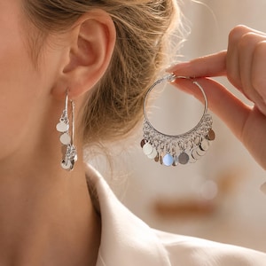 Silver Coin Hoop Earrings, Boho Disc Dangle Earrings, Lightweight Fringe Hoops, Statement Festival Jewelry, Gifts for Women, Minimalist Chic