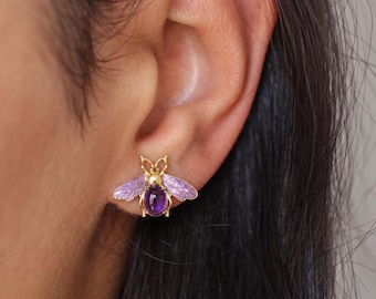 Pendientes de abeja morada, postes de abeja con gema de amatista, joyería de insectos de aleación, regalo bohemio hippie para mujer, regalo inspirado en la naturaleza