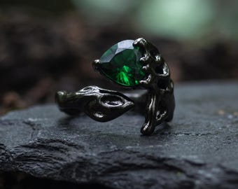 Anillo Serpiente Negra: Anillo verde ajustable de estilo gótico para mujer — Anillo abierto chapado en estilo vintage, joyería de estética oscura